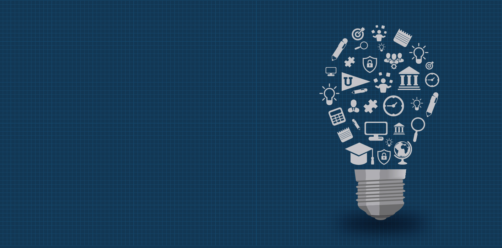 Dark blue gradient background with a light bulb formed from tiny white icons representing education, security, and technology
